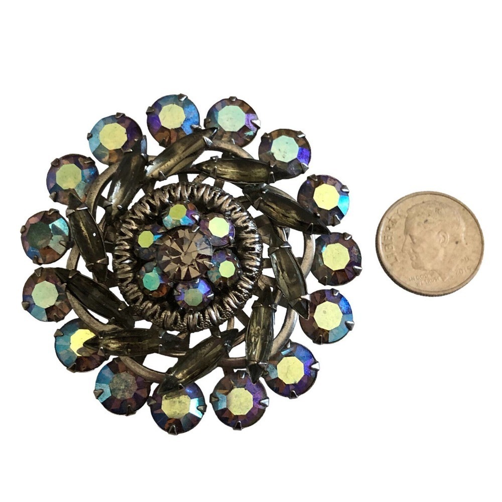 Beautiful Smoky Topaz & Blue AB Rhinestone Brooch Filigree Vintage Jewelry - Picture 6 of 9